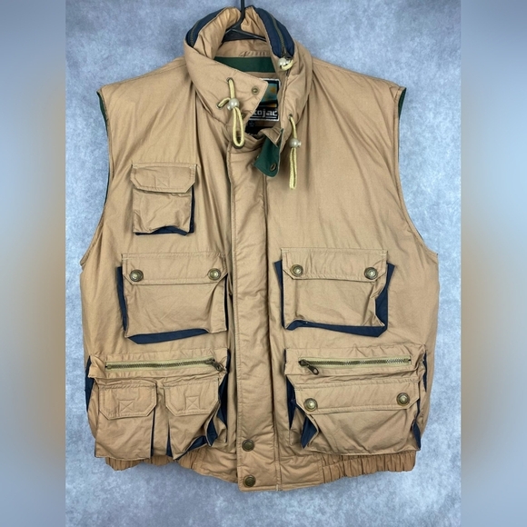 Stratojac Tan Down/Feather Gorpcore Vest Jacket Men's Size L Hunting 10 Pocket - Picture 1 of 13